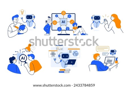 People interact with artificial intelligence apps. AI technology helps with productivity work and study in the modern world. Vector flat illustrations isolated on a white background. Royalty-Free Stock Photo #2433784859