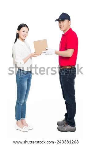 young courier deliver package to pretty woman, white background.