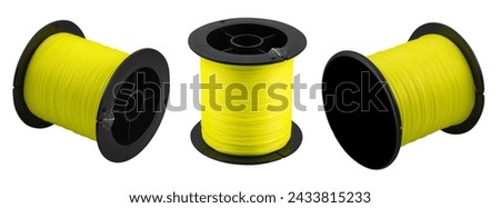 Fishing braided line in roll isolated on white background. Spool of green cord isolated. Spool of braided fishing line. Royalty-Free Stock Photo #2433815233