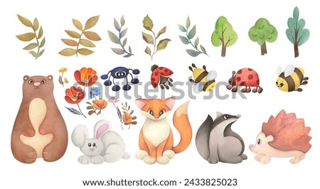 cute watercolor forest stickers with animals, plants, flowers, insects. red fox, baby bear, rabbit, badger, hedgehog, bees, ladybirds, spider set on white background. Hand drawn clip art elements