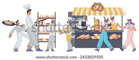 Bakery with People Baker Character in Uniform Baking and Sell Bread and Pastry Vector Illustration