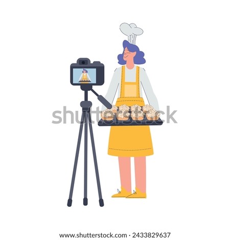Bakery with Woman Baker Character Recording Video Lesson with Camera Vector Illustration
