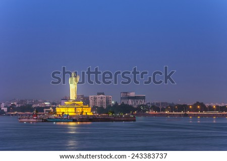 Lake Hussain Sagar and Hyderabad city skyline, Hyderabad, India Royalty-Free Stock Photo #243383737