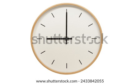 Isolated on white background Minimalist style wooden wall clock, showing time at 9:00.