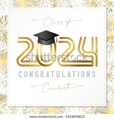 Congratulations 2024 graduate greeting card design. Social media poster. Festive square backdrop with clipping mask. Gold fireworks cute texture. Diploma template. Class of 2024 prom invitation.