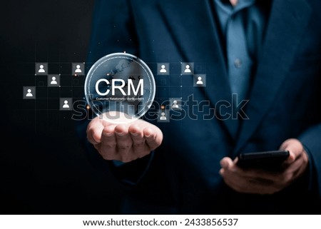 CRM, Customer relationship management concept. Customer network management and development of customer information exchange, social media, digital online.