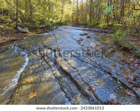 Aerial Autumn Stream in Hathaway Preserve, Gentle Waterfalls Royalty-Free Stock Photo #2433861013