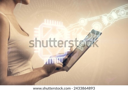 Double exposure of technology sketch hologram and woman holding and using a mobile device.