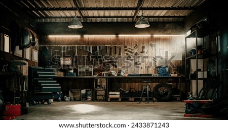 Workshop scene. Old tools hanging on wall in workshop, Tool shel Royalty-Free Stock Photo #2433871243