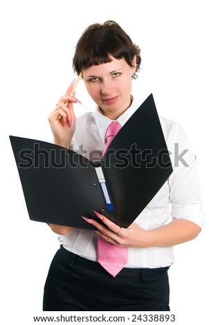 The business girl with a folder for records on a white background