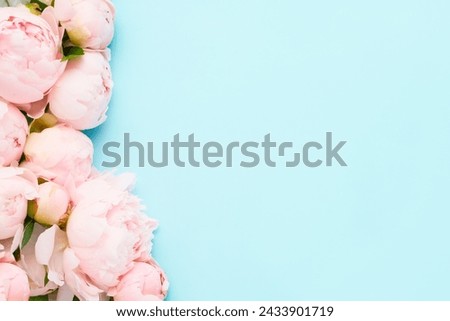 Bouquet of pink peonies on light blue background. Mothers day, Valentines Day, Birthday celebration concept. Greeting card. Copy space, top view