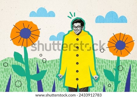 Collage artwork graphics picture of excited funky guy enjoying walk after rain stop end isolated painting background