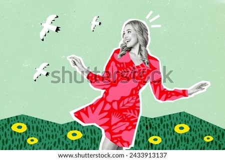 Photo cartoon sketch collage picture of smiling carefree lady walking flower field isolated green color background