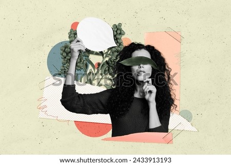 Creative collage picture young woman closed eyes leaf plant blossom try guess puzzled think minded interested challenge drawing background
