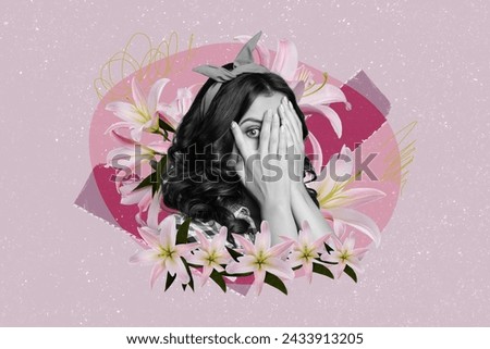 Photo collage picture young pretty girl cover face hands hide fear beautiful flowers blossom bloom flora garden drawing background