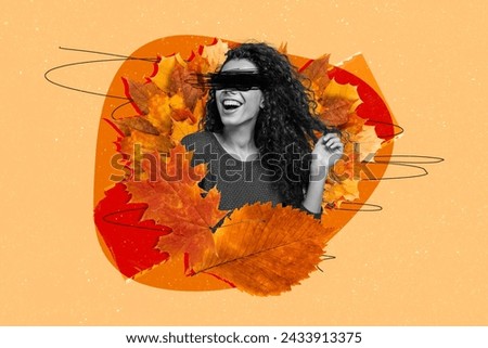 Photo collage creative picture young woman no vision crossed eyes autumn leaves season fall outdoors park leisure walk carefree