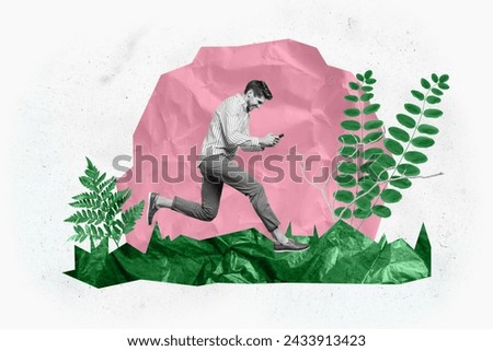 Collage picture of excited black white colors mini guy running use smart phone big plane leaves isolated on paper background
