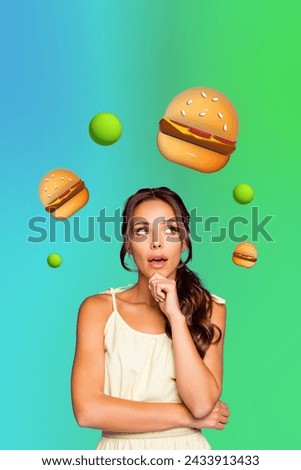 Drawing digital artwork collage of thoughtful girl thinking about delicious sandwich snack