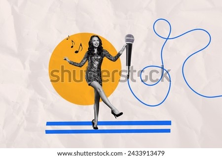 Photo collage young dancer performer singer woman charming dress festive event karaoke club holiday celebration drawing background