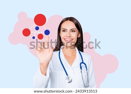 Collage picture image of happy successful doctor finger touch space future modern innovation isolated on creative background