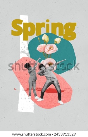 Photo cartoon comics sketch collage picture of happy funky children dancing enjoying spring coming isolated grey color background