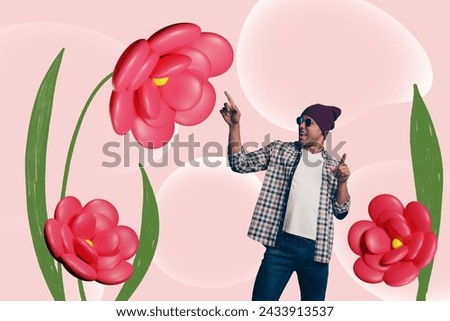 Sketch collage picture of funky excited guy choosing growing flowers isolated pink color background