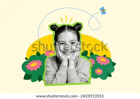 Photo comics sketch collage picture of happy smiling kid arms cheeks enjoying summer isolated beige color background