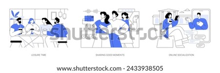 Students socialization isolated cartoon vector illustrations set. Happy friends spend leisure time in coffee shop, sharing good moments, making selfie, young people socialize online vector cartoon. Royalty-Free Stock Photo #2433938505