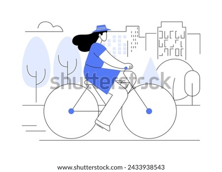Cycling track isolated cartoon vector illustrations. Smiling girl biking in the city park, urban lifestyle, active pastime, drive on the road, summer weekend, cyclist route vector cartoon. Royalty-Free Stock Photo #2433938543