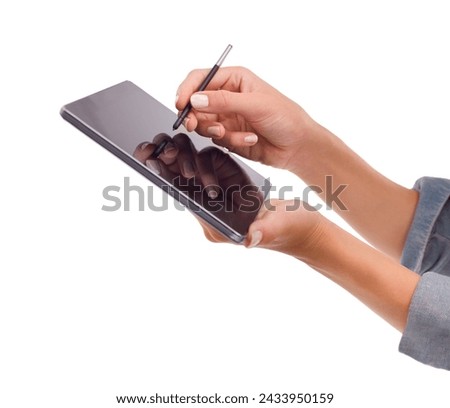Closeup, hands or writing on tablet in studio for signature, application form or online document on website. Graphic designer, person or digital pen for drawing or creative sketch on white background