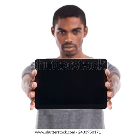 Man, tablet screen and portrait in studio, display and mockup space on white background. Black male person, tech and website or networking for marketing, app and internet or online for advertising