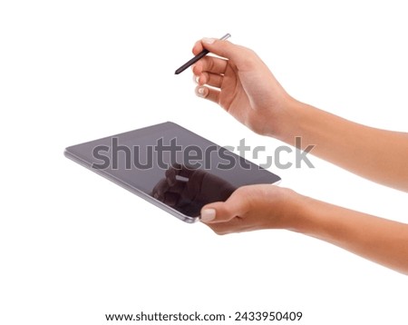 Closeup, hands or drawing on tablet in studio for signature, application form or online document on website. Graphic designer, person or digital pen for writing or creative sketch on white background