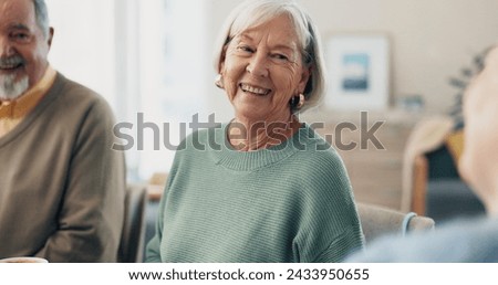 Home, happy friends and senior woman relax, conversation and bonding in lounge. Elderly, pensioner and group of people smile in living room for chat, funny and laughing together in retirement house Royalty-Free Stock Photo #2433950655