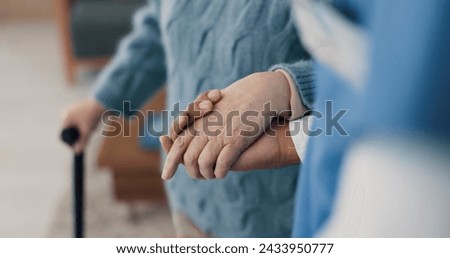 Holding hands, help with elderly person and caregiver in nursing home, kindness and senior care for health. Retirement, pension and patient with disability, nurse for assistance and homecare closeup Royalty-Free Stock Photo #2433950777