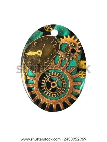 Steampunk style epoxy resin pendant with cogwheels and timepiece, isolated. Fashion jewelry, handicraft. Royalty-Free Stock Photo #2433952969