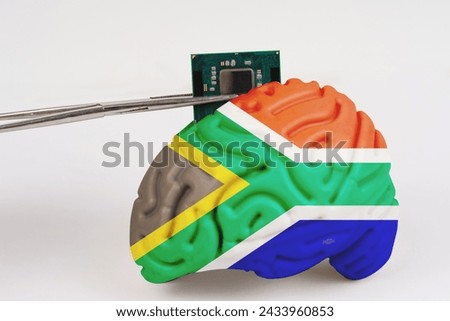 On a white background, a model of the brain with a picture of a flag - South Africa, a microcircuit, a processor, is implanted into it. Close-up
