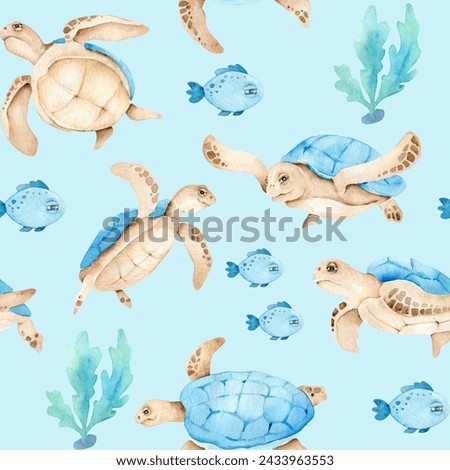 Watercolor seamless pattern with turtles and fish.Ocean background.Summer ornament.Sea life.Fabric design