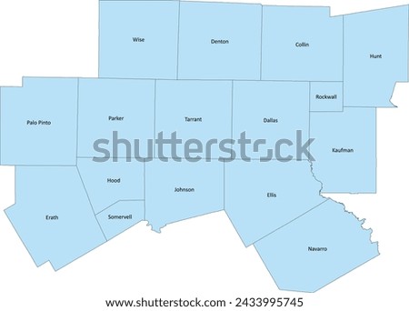 US North Central Texas State Map with 16 counties including Collin, Dallas, Denton, Ellis, Erath, Hood, Hunt, Johnson, Kaufman, Navarro, Palo Pinto, Parker, Rockwall, Somervell, Tarrant, Wise Royalty-Free Stock Photo #2433995745