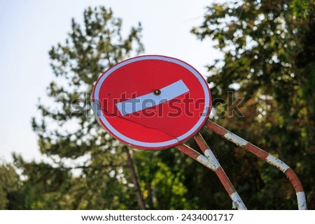 Old no entry sign. Background with selective focus and copy space for text