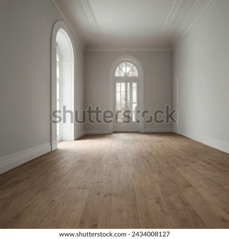 an empty room with a brown wood pattern floor and white walls and a window