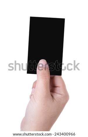 Hand holds business card on white background