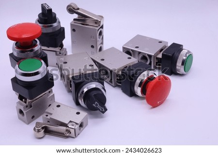 industrial mechanical pneumatic JM valve for air ,pneumatic ,pipe line machine.Circuit function of a mono stable, normally closed, isolated on white background