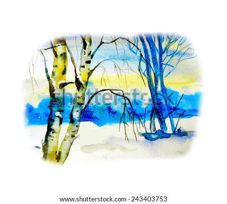Watercolor landscape background. Winter. 
