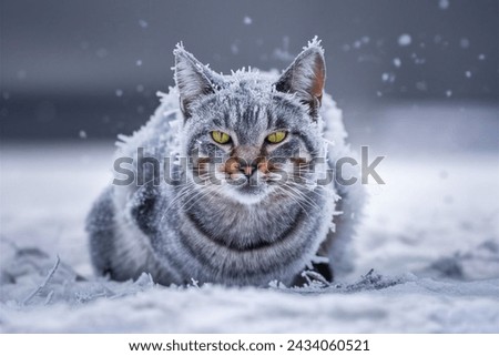 hyper-detailed scene of a stray cat in 'Flickering Frost', frozen in time, captured by the silver frost raw, untamed, and inky blue unyielding force of a cold, icy blizzard, cinematic, photo, wildlife