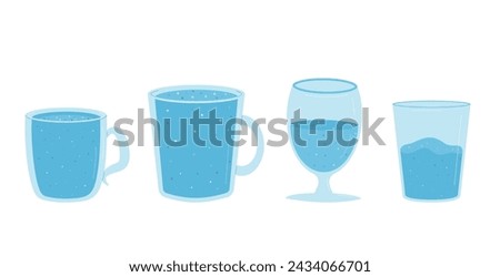 Glasses and cups of still and fizzy water set isolated on white background. Fresh clean drink. Aqua healthy cold beverage. Stay hydrated. Vector flat illustration. Royalty-Free Stock Photo #2434066701