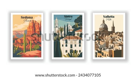 Sedona, Arizona. Sintra, Portugal. Valletta, Malta - Set of 3 Vintage Travel Posters. Vector illustration. High Quality Prints Royalty-Free Stock Photo #2434077105