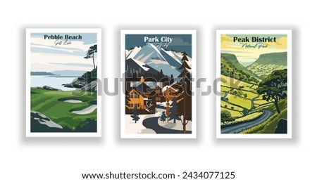 Park City, UTAH. Peak District, National Park. Pebble Beach Golf Links - Set of 3 Vintage Travel Posters. Vector illustration. High Quality Prints Royalty-Free Stock Photo #2434077125