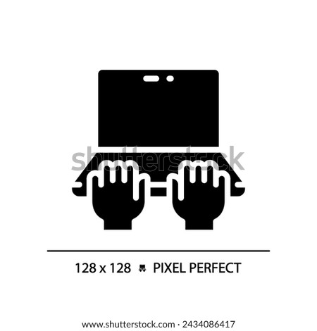 Hands with laptop pixel perfect black glyph icon. Person working on notebook computer. Typing on keyboard. Silhouette symbol on white space. Solid pictogram. Vector isolated illustration