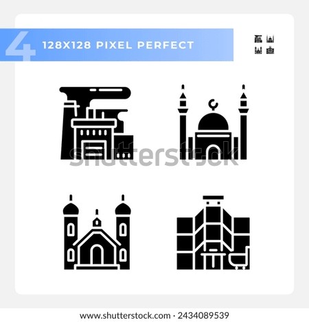 Pixel perfect glyph style icons set representing various buildings, silhouette illustration.