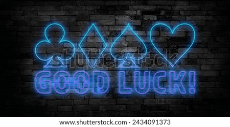 Good luck neon label. Handwritten colorful wish. Play zone. Shiny pink alphabet. Speech bubbles frames set. Glowing advertising on brick wall. Game design. Editable stroke. Vector stock illustration.